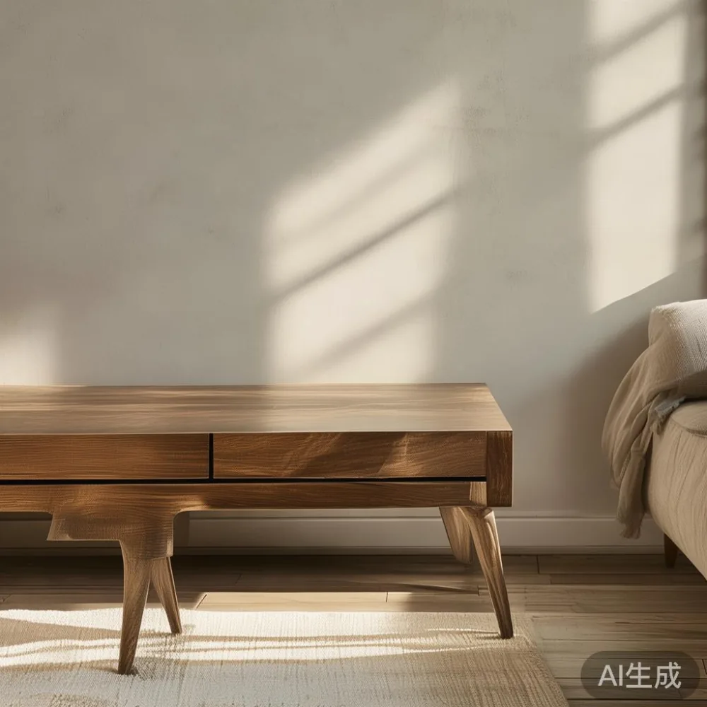 Cara Menghias Apartmen Kecil Tanpa Rasa Sesak — Panduan Coffee Table M — staged against a plain wall with a linen sofa ne